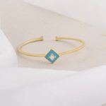 Sleek and Unique Blue Enamel and CZ Brass Cuff Bangle