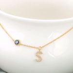 Diamond Alphabet Charm Protected by Evil Eye Connector Gold Necklace