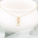 Fish Bone Skeleton adorned with Tiny Diamonds Pendant Necklace