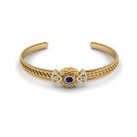 Opposing Eye Blue Sapphire and Diamond Designer Band Gold Cuff Bracelet