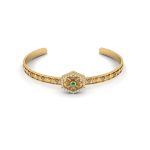 Blooming Garden Hexagon Diamond and Emerald Studded Motif Gold Bangle